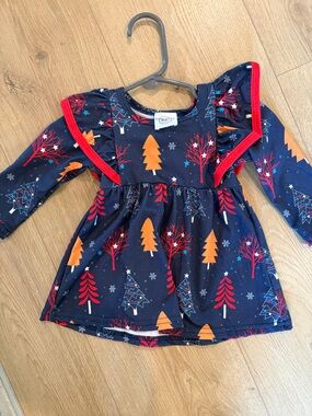 Navy Holiday Tree Print Dress with Red Trim